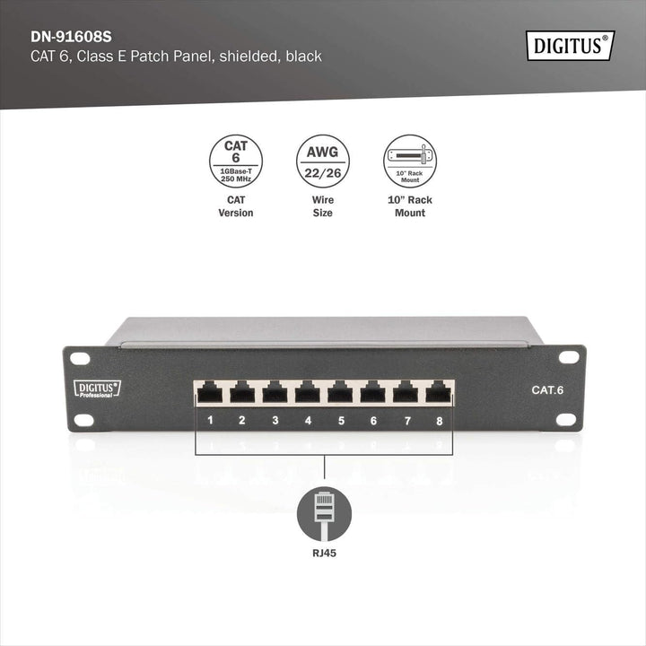 DIGITUS Cat-6 Patchpanel - 8 Ports - RJ45-Buchsen - 10-Zoll Rack-Mount 1HE - LSA Verteilerfeld - Ges