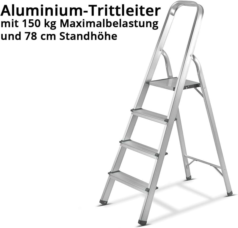 STAHLWERK Stehleiter HL-4 ST 150 kg | 4 Stufen, Standhöhe 78 cm | Aluminium Leiter | Klappleiter | T