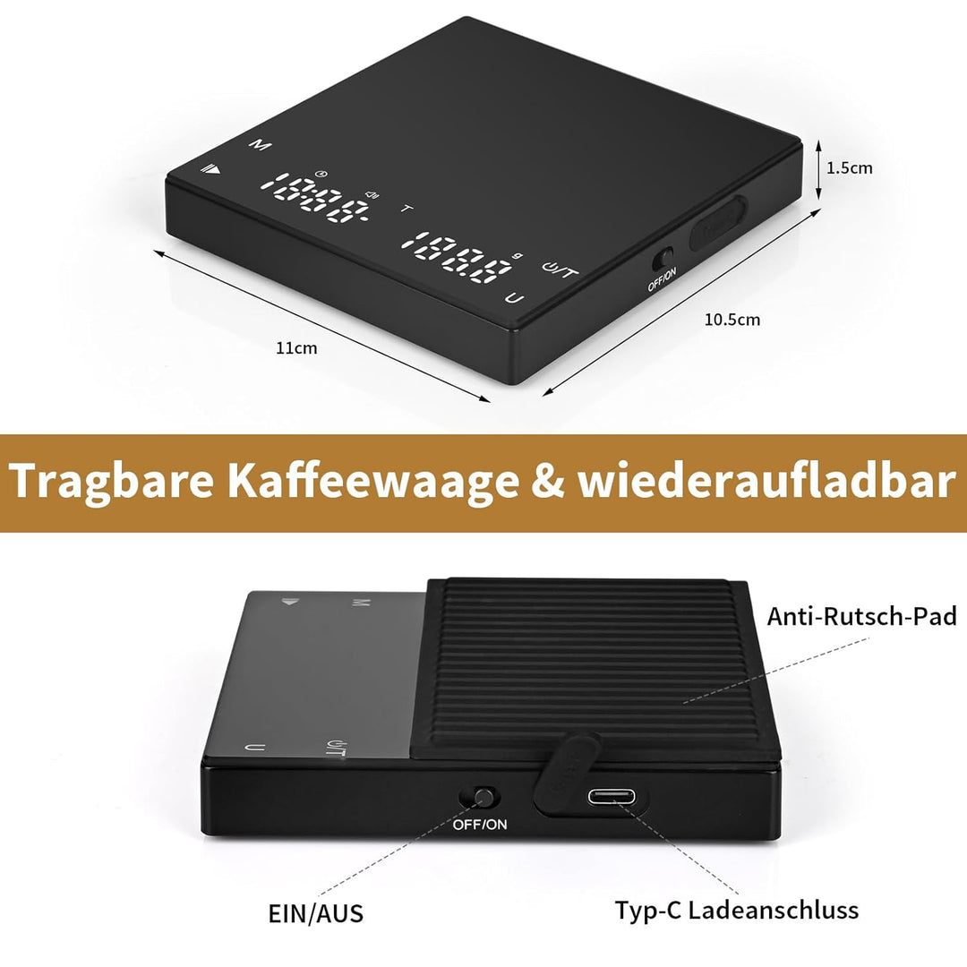 Digitale Kaffeewaage mit Timer, Espresso Waage mit 0,1g Präziser Graduierung, USB Aufladbar Feinwaag