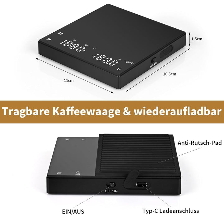Digitale Kaffeewaage mit Timer, Espresso Waage mit 0,1g Präziser Graduierung, USB Aufladbar Feinwaag