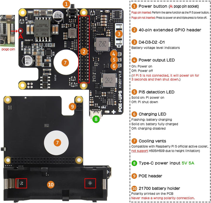 Geekworm X1207 2-in-1 PoE+ & UPS HAT for Raspberry Pi 5 (2/4/8/16GB), IEEE 802.3at 5V 5A Output, Sup