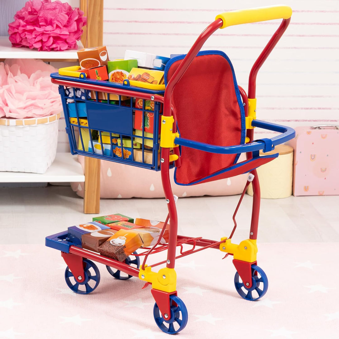 Bayer Design 75003AA Einkaufswagen Supermarkt Kinder, mit Spiellebensmittelkartons, bunt, aus Metall