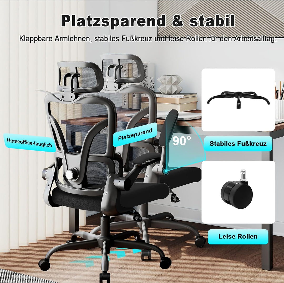 Ergonomischer Bürostuhl – Verstellbare Kopfstütze, Armlehnen &amp; Lordosenstütze, 360°-Drehfunktion, 15