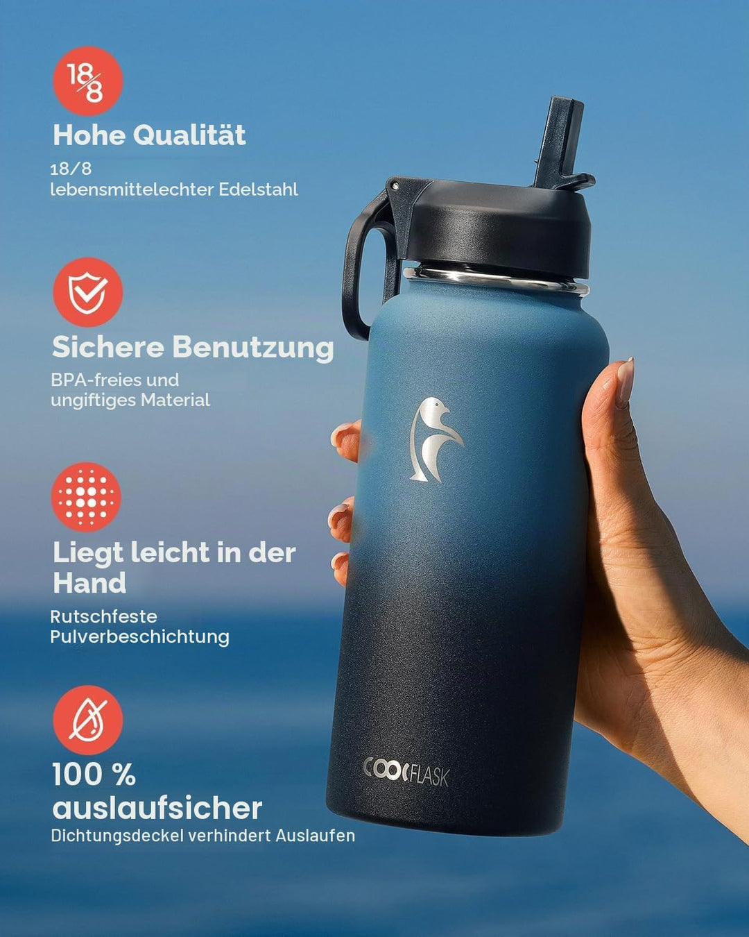Coolflask Isolierte Wasserflasche 1L, Edelstahl Isolierte Wasserflasche mit Strohhalm & 3 Deckeln, D