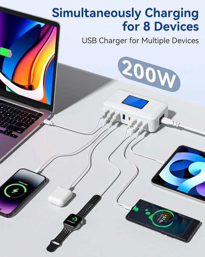 200W USB C Ladegerät Mehrfach – 8-Port USB C Netzteil, USB Ladestation mit LCD Bildschirm, PD 65W Sc