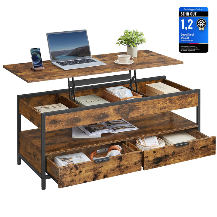 VASAGLE Couchtisch, höhenverstellbarer Wohnzimmertisch, Kaffeetisch, mit Schubladen, offenes Fach, 5