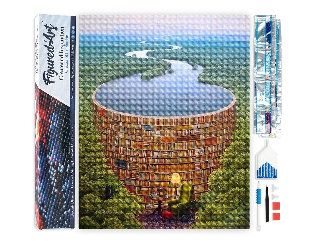 Figured'Art Diamond Painting Erwachsene 40x50cm Ganze Leinwand gerollt Fluss und Bibliothek 5D Bilde