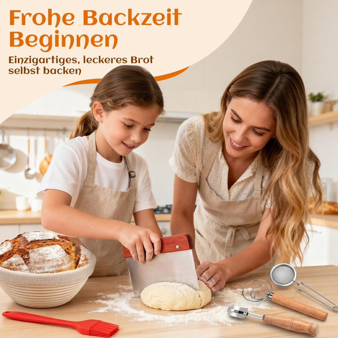 Gärkörbchen Sauerteig Starter Set, 2 Rattan Gärkörbchen (25cm Ovale & 23cm Runde), Sauerteig Glas, K