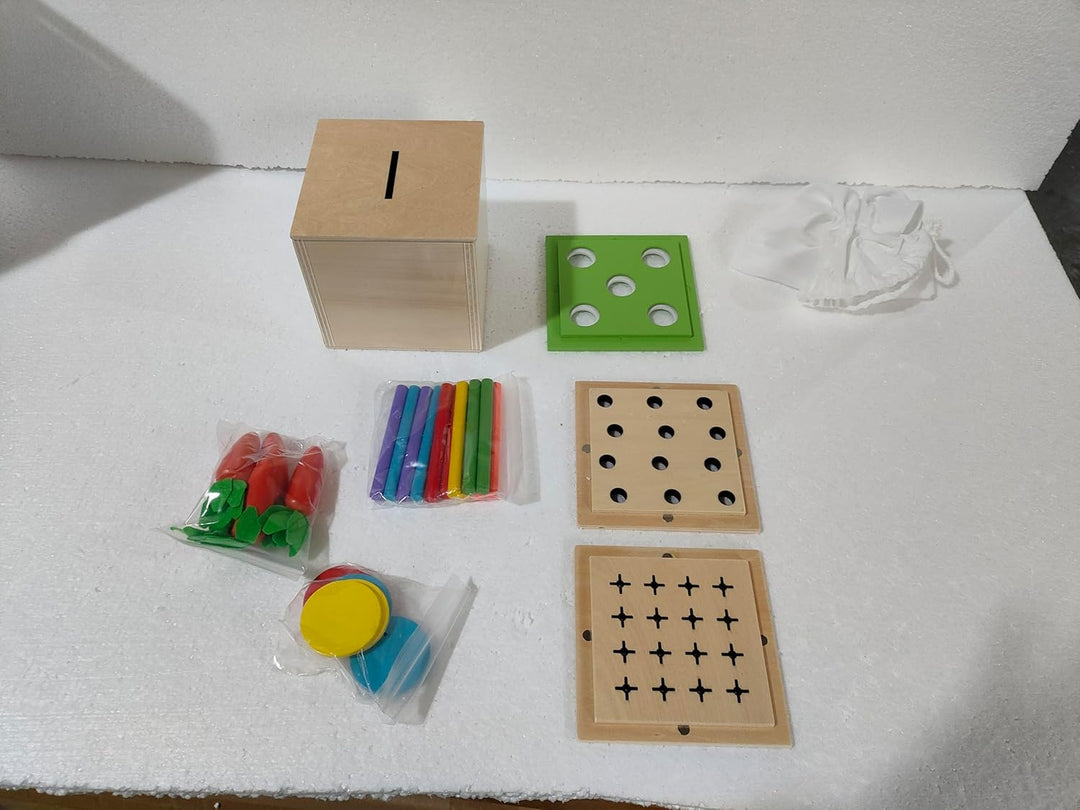 4 in 1 Montessori Play Kit Box - Wattestäbchen Board Fine Motor Skills Game, Coin Box, Carrot Harves