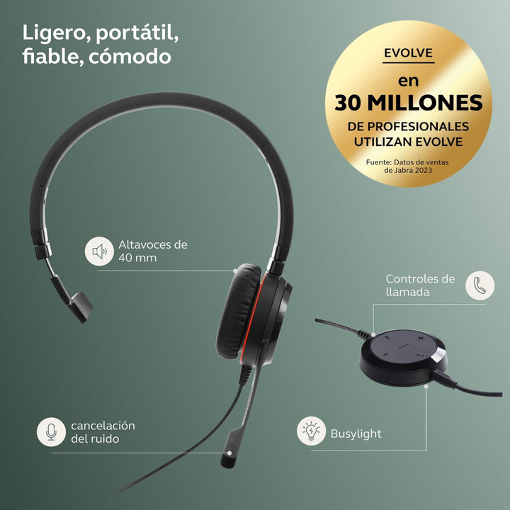 Jabra Evolve 30 II UC Mono USB-C (Überkopfbügel) USB-C Anschluss, mit Mute-Taste und Lautstärke-Regl