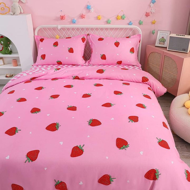 Loussiesd Erdbeere Bettwäsche Set 200x200cm für Kinder Mädchen Frauen Rosa Bettwäsche Erdbeere Muste