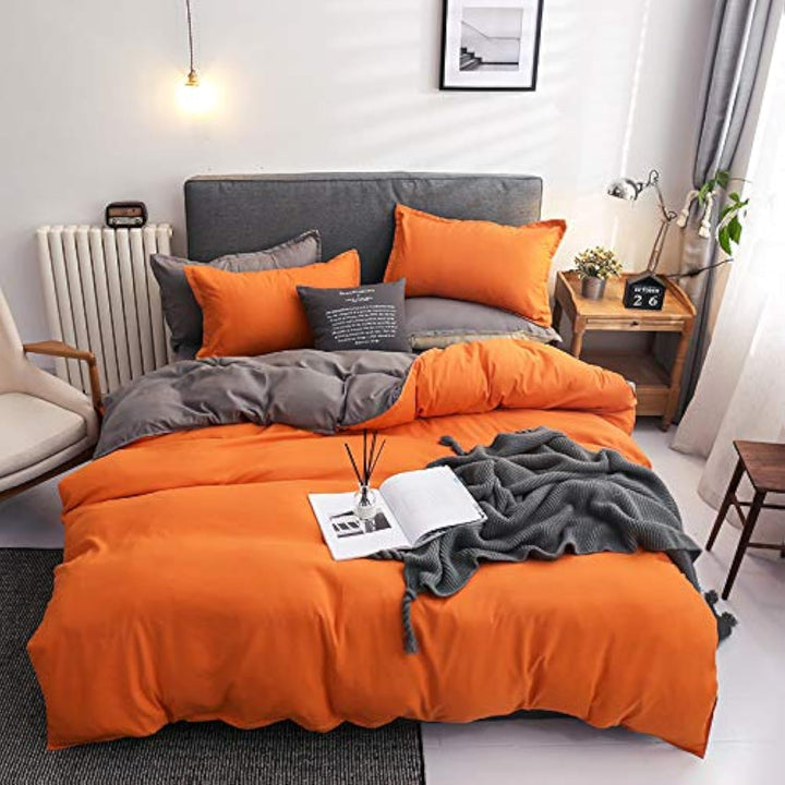 Damier Bettwäsche 200×220cm Orange Grau Wendebettwäsche Set 3 Teilig Weiche Microfaser Bettbezug Dop