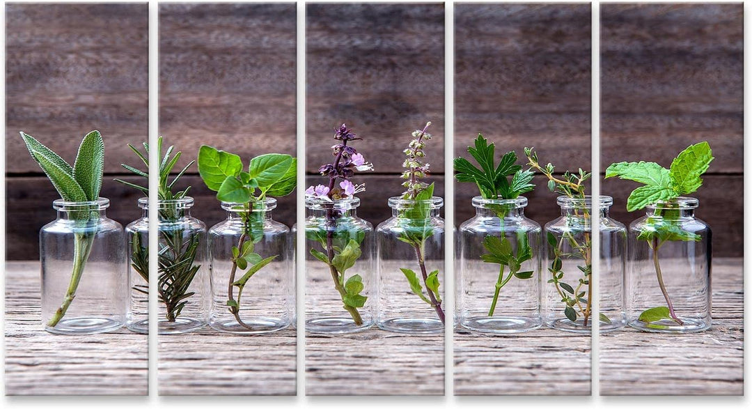 islandburner Bild auf Leinwand Flaschen Mit Kräutern Basilikum Rosmarin Oregano Salbei Petersilie Th