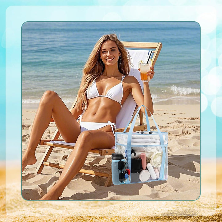 TINYAT Grosse transparente Tragetasche für Damen, transparent, Netzstoff, Strandtasche, Schultertasc