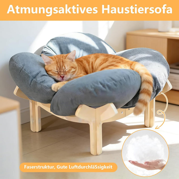 Erhöhtes Katzenbett aus Holz, Flauschiges Katzensofa in Blumenform, Katzenkissen mit waschbarem & Ho