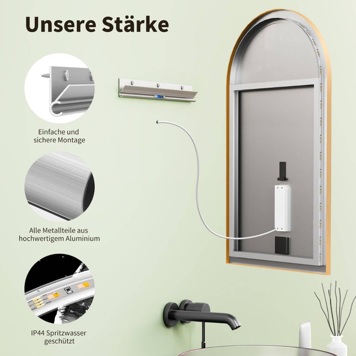 HOKO® Bogen LED Badspiegel 50x90 cm / 90x50 cm Oakland mit Goldener Metallrahmen, HOCH+QUER Montage.