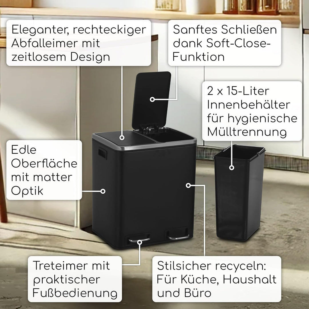Mülleimer Abfalleimer in Schwarz zur Mülltrennung-2x15 Liter Edelstahl