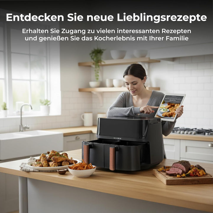 KLAMER Heissluftfritteuse Duo 9 L – Doppelkammer Airfryer mit 2 Körben & Digitaldisplay, 10 Automati