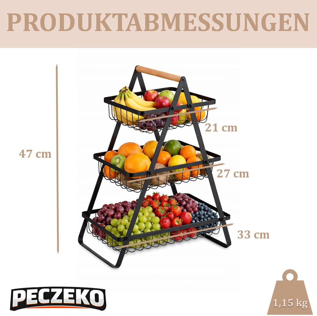 Dreistöckiger Obstkorb mit 3 Ebenen – Platzsparende Obstschale & Obsetagere aus Metall mit Holzgriff