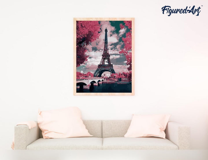 Figured'Art Malen Nach Zahlen Erwachsene Mit Rahmen Eiffelturm im Frühjahr - Paint by Numbers Bastel