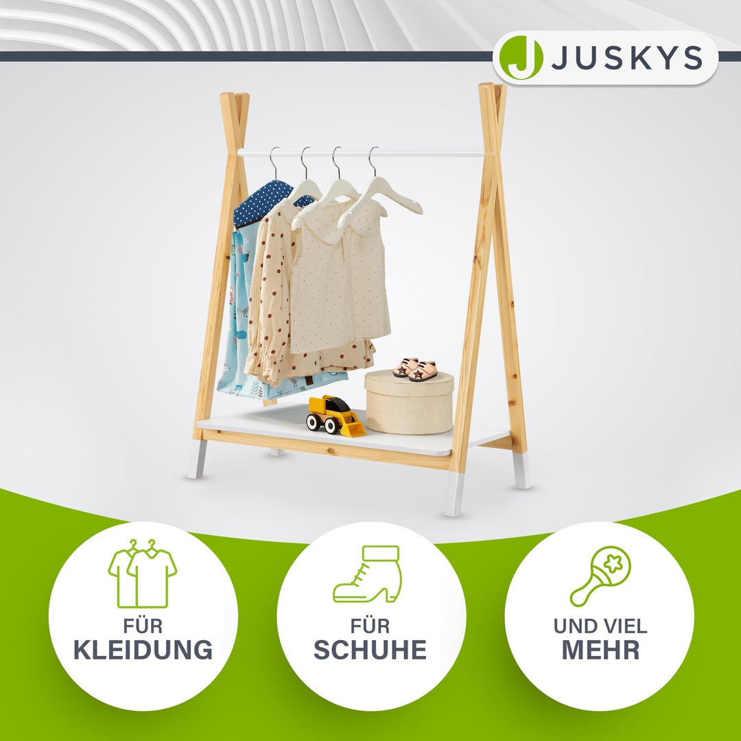 Juskys Kinder Kleiderständer Heidy mit Ablage & Kleiderstange - Holz Kindergarderobe modern, offen &