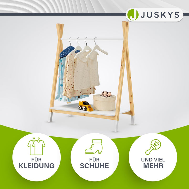 Juskys Kinder Kleiderständer Heidy mit Ablage & Kleiderstange - Holz Kindergarderobe modern, offen &