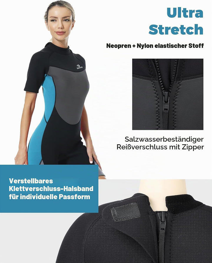 Owntop Neoprenanzug kurz Herren &amp; Damen, 3/2 mm Neopren Wetsuit für Tauchen, Surfen, Schwimmen und K