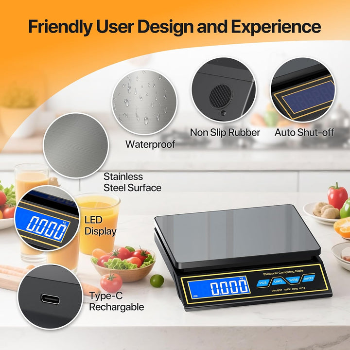 Küchenwaage 30kg,Edelstahl Digitalwaage Paketwaage Feinwaage 1g zum Gastronomie Messen von Fleisch W