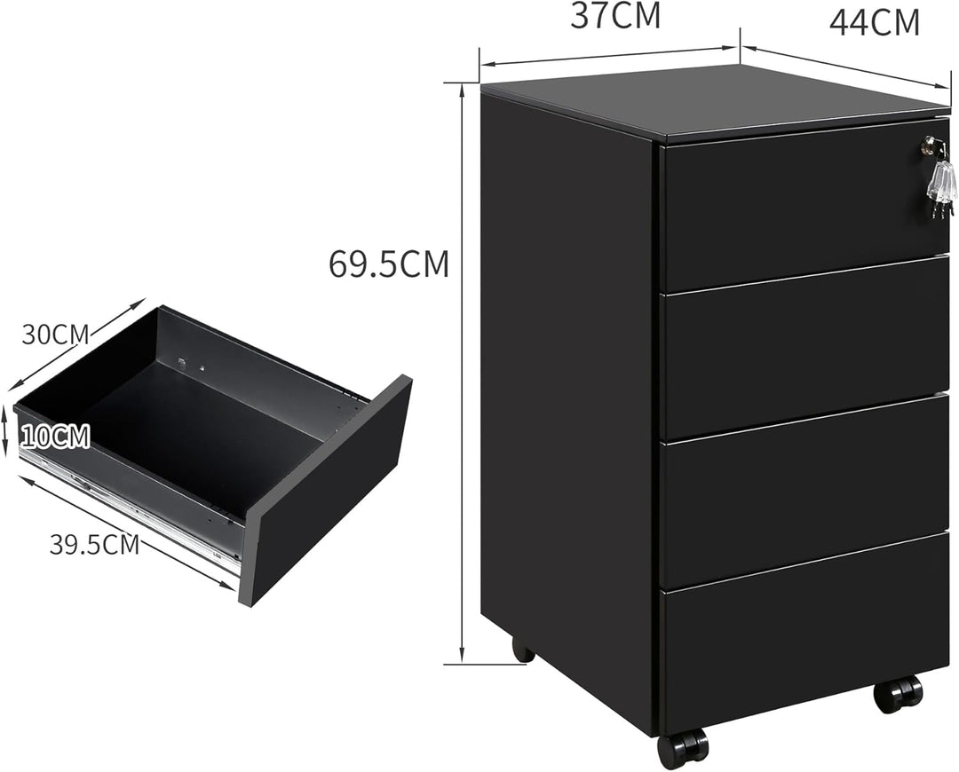 Rollcontainer mit Schubladen, Mobiler Aktenschrank unter Schreibtisch, Abschliessbarer Büroschrank,