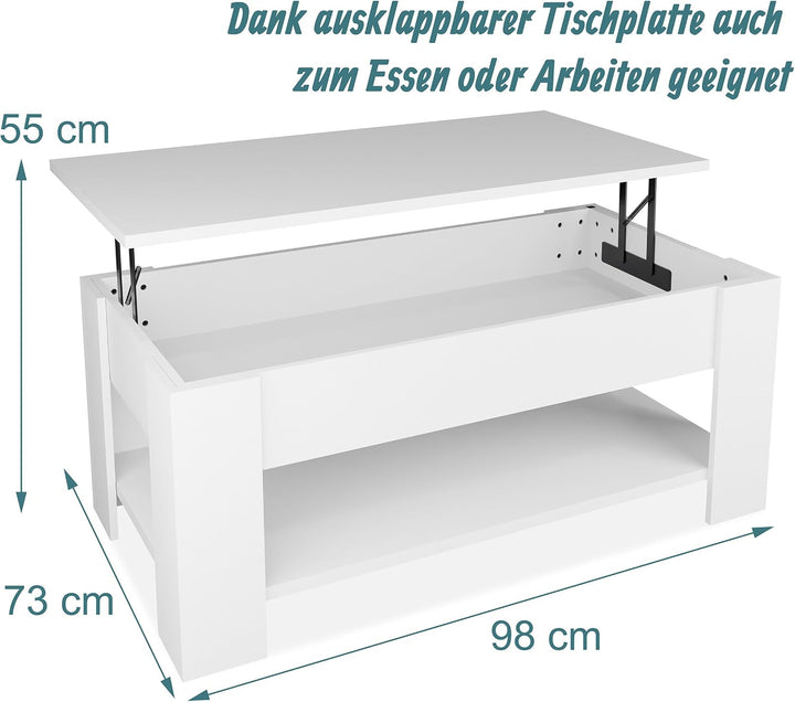 Relaxdays Couchtisch aufklappbar, HBT: 42x98x50 cm, Wohnzimmertisch mit Stauraum, zusätzliche Ablage