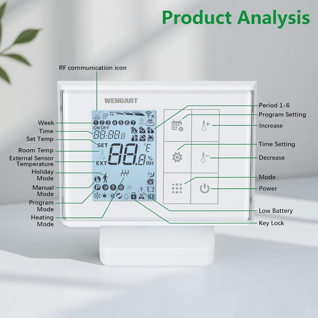 Wengart Wireless Thermostat WG010RF,Batteriebetrieben mit Empfänger,Wöchentliche Programmierung,Kein