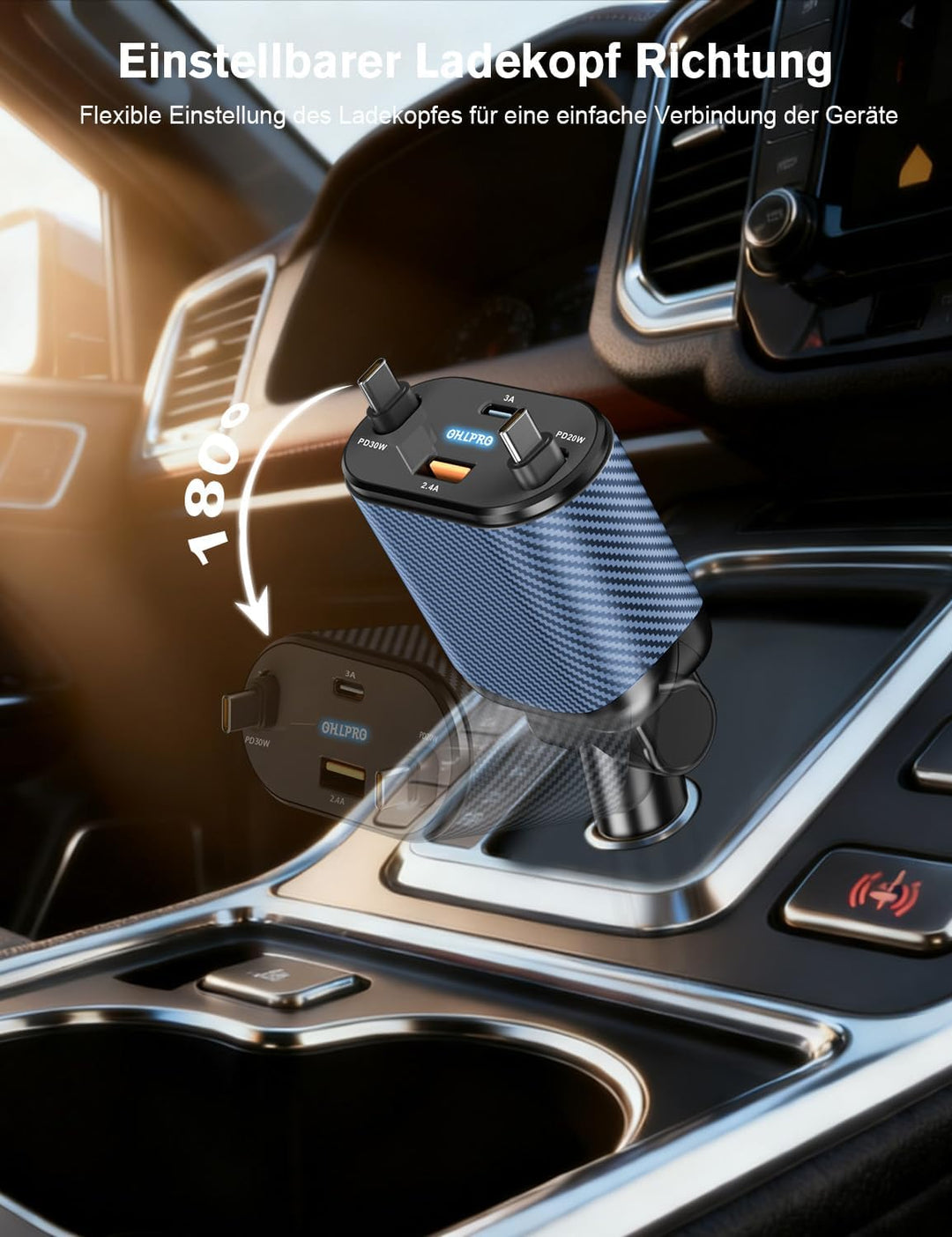 OHLPRO 4 in 1 Einziehbares Auto Ladegerät Zigarettenanzünder USB-C mit 2 Typ-C Kabel, Handy Schnelll