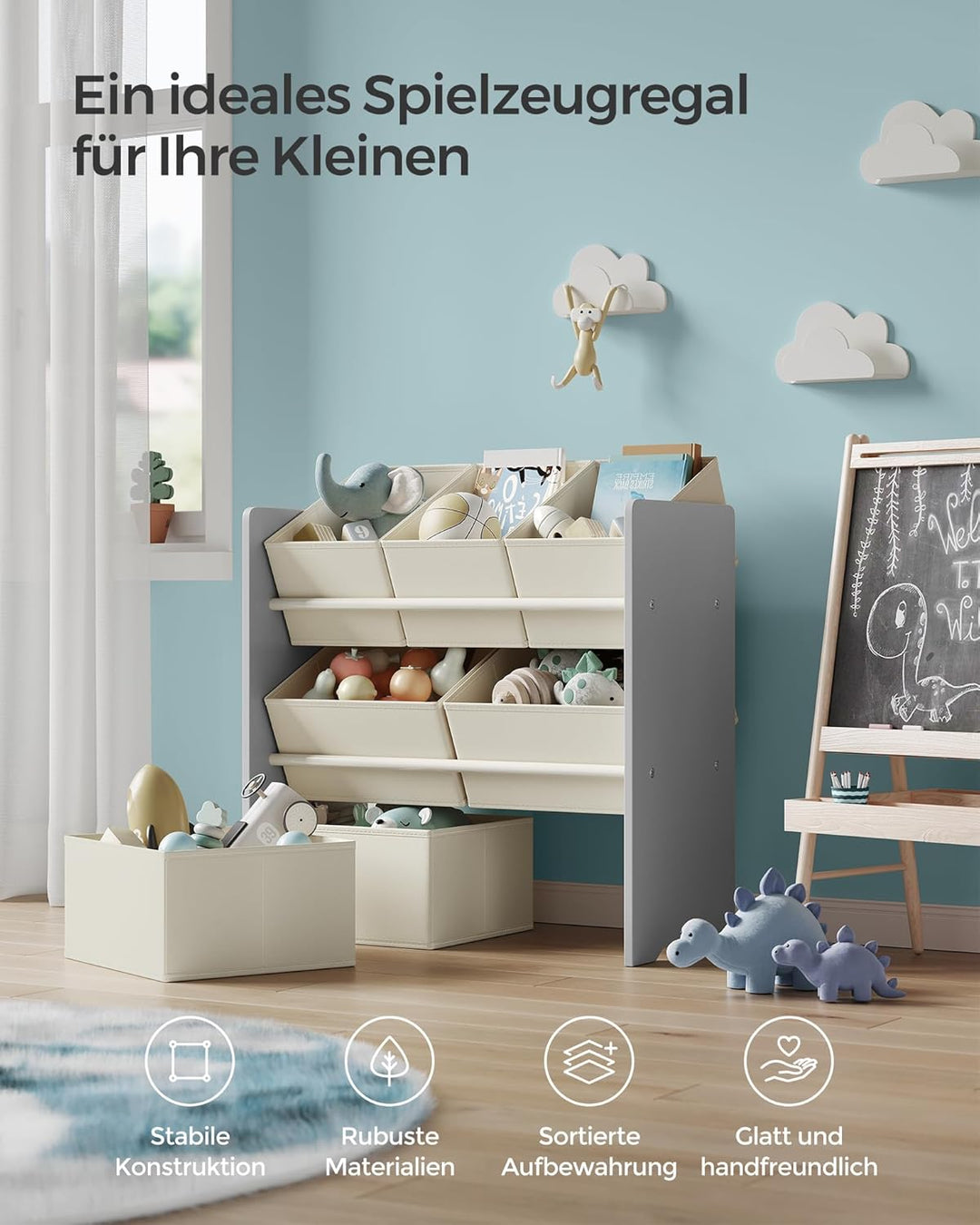 SONGMICS Kinderregal, Spielzeugregal, Bücherregal Kinder, mit 7 Aufbewahrungsboxen aus Vliesstoff, K