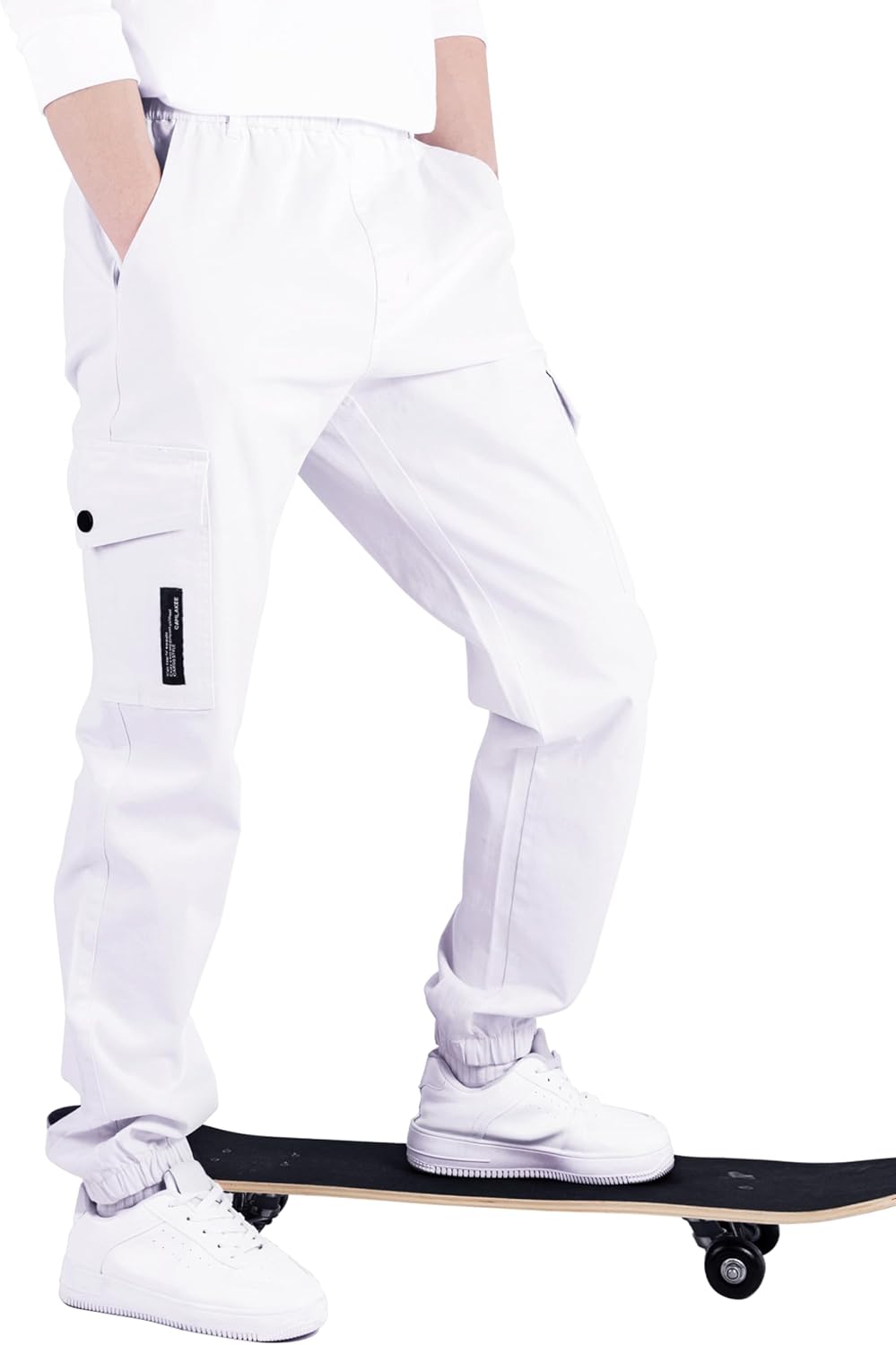 CAMLAKEE Kinder Jungen Cargohose Jogger Hose mit elastischem Bund 128-134 Weiss, 128-134 Weiss