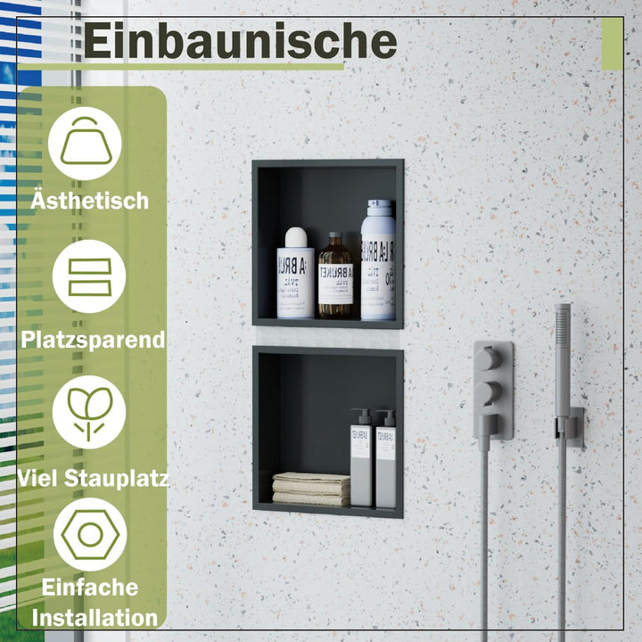Wandmontierter Duschschrank Schwarz 30x30x10 cm Edelstahl-Duschablage mit unterputziger Basis, geeig