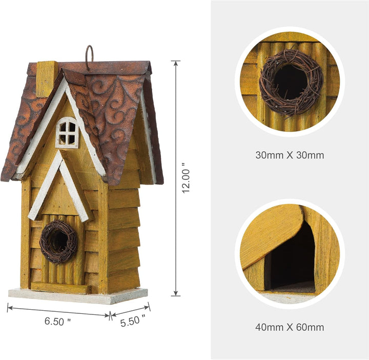 Glitzhome GH90085 Hängendes Vogelhaus aus Holz im Used-Look, Gelb, gelb