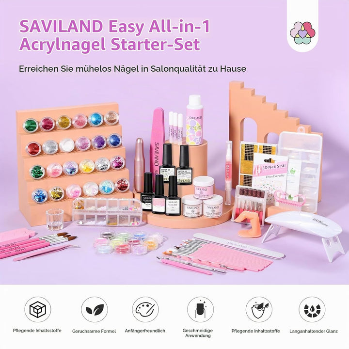 SAVILAND All-in-1 Acryl Nagelset: Premium Nagel Set Acryl Set mit Klarem Weissem und Rosa Acrylpulve