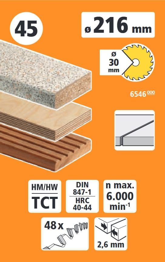 wolfcraft 6546000 Kapp- und Gehrungssägeblatt ø 216 mm - feine, saubere Schnitte