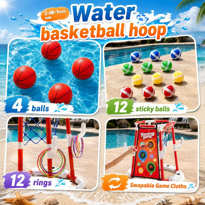 Sternstunde Pool Basketballkorb Kinder, wasserspielzeug Kinder mit 4 Basketball, 12 Wurfringen, 12 K