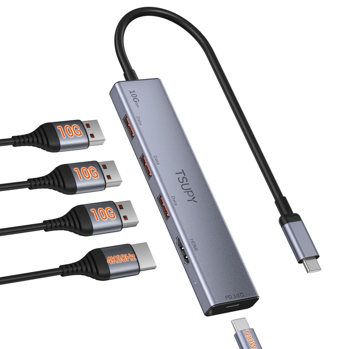 TSUPY 10Gbps USB C Hub PD 100W, 4K@ 60Hz HDMI, 3*USB-A 10Gbps, Aluminium USB Hub c Adapter Kompatibe