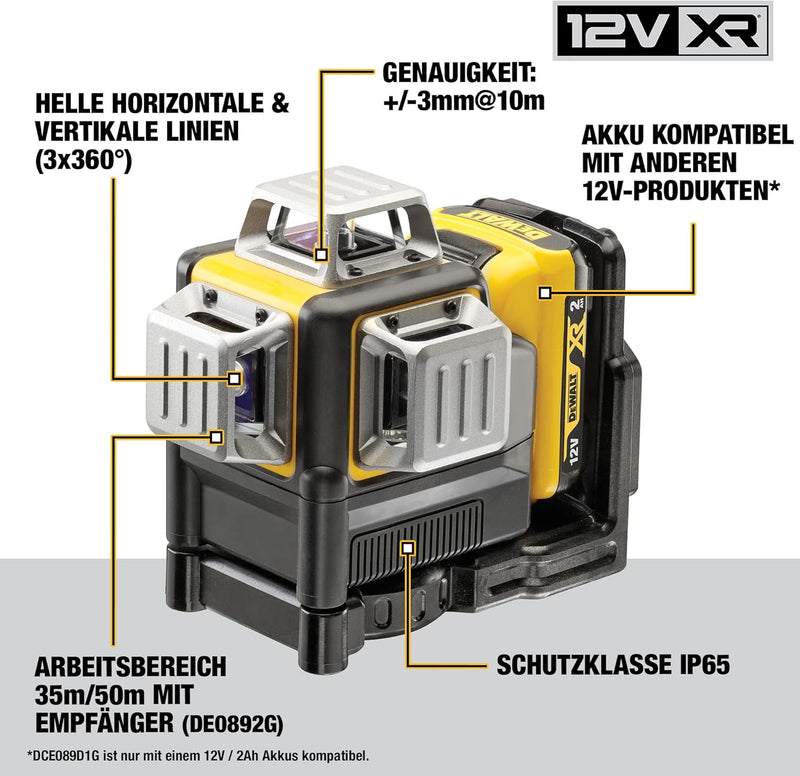 Dewalt Linienlaser (selbstnivellierender 3x360°,10,8V, 2Ah, manueller Modus ab 4° (Blinkmodus), Arbe