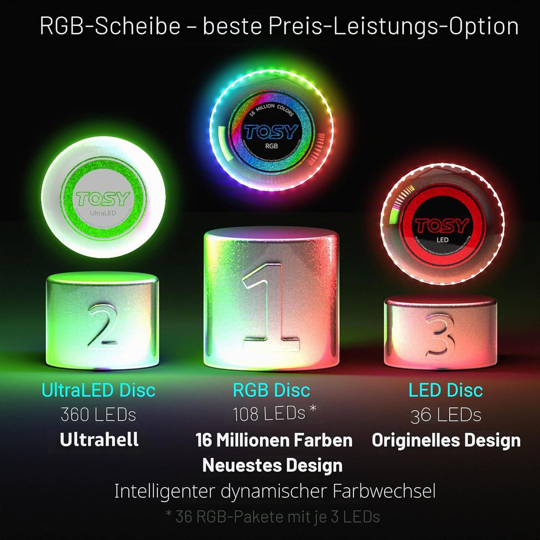 TOSY Flying Disc – 108 RGB-LEDs (Mehrfarbig) oder 36 einfarbig, hell, Smart-Modi, Ostergeschenk, Out