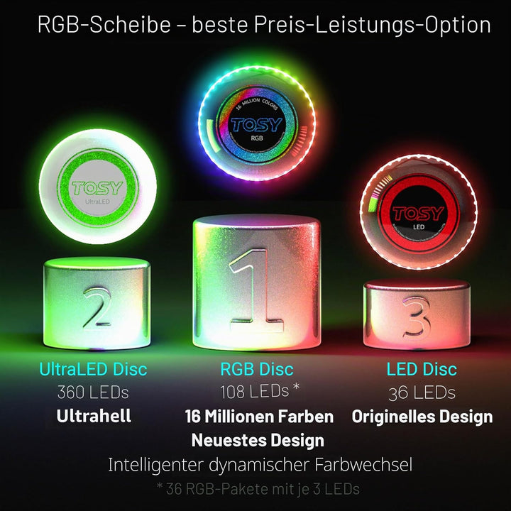 TOSY Flying Disc – 108 RGB-LEDs (Mehrfarbig) oder 36 einfarbig, hell, Smart-Modi, Ostergeschenk, Out