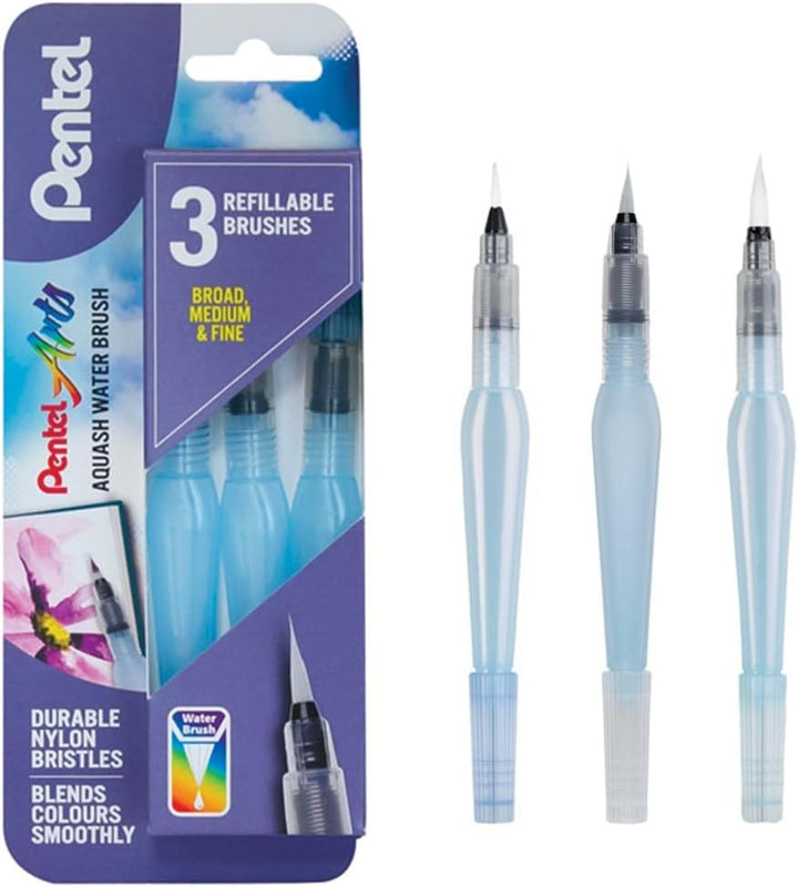 Pentel Aquash Brush FRH, Set mit 3 Pinseln für Wasserbehälter mit feinen, mittelgrossen und grossen