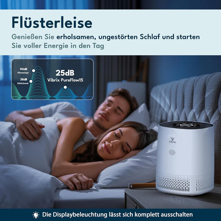 Vibrix PureFlow15 Luftreiniger Allergiker, 6-Stufiges HEPA H13 Aktivkohlefilter System gegen 99,95%