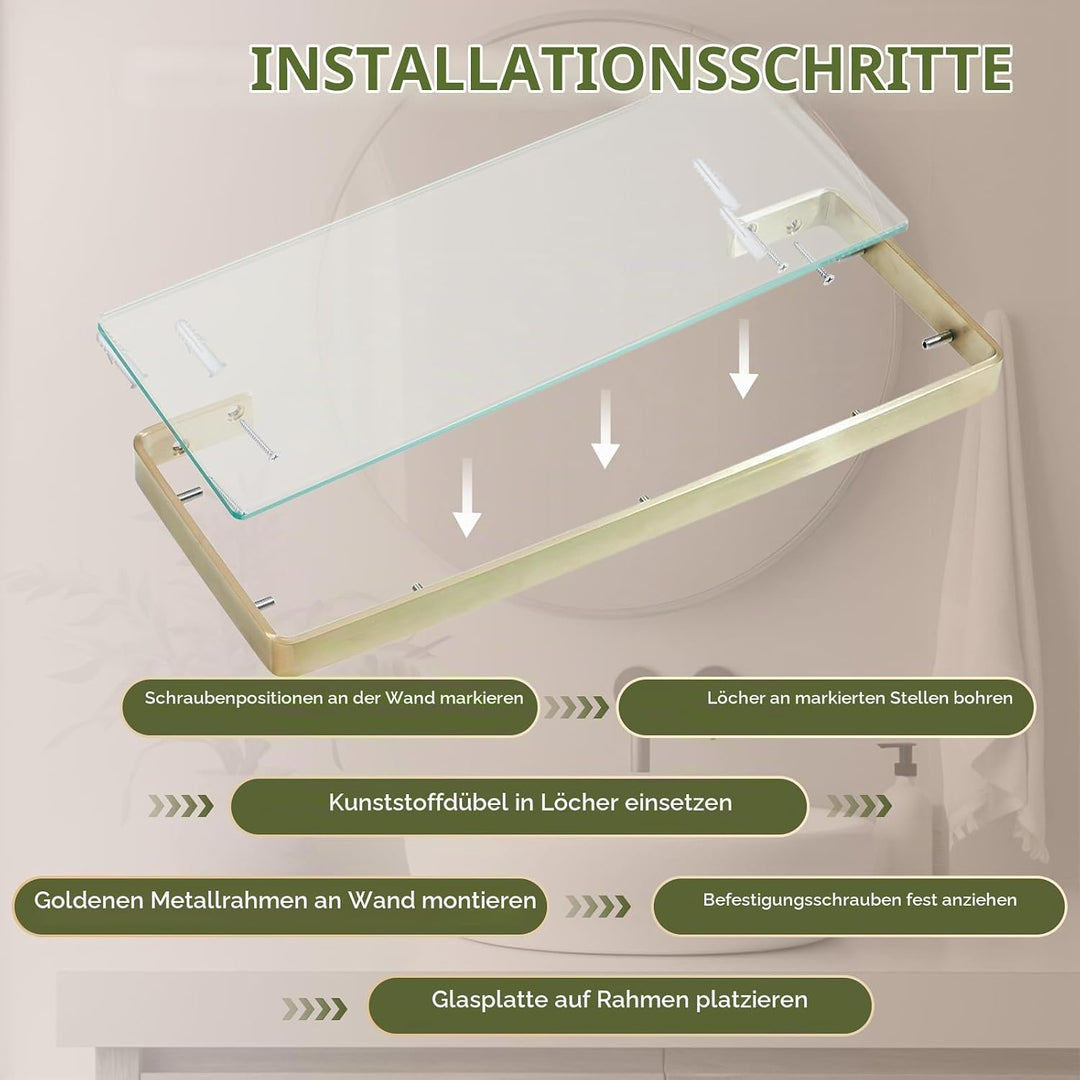 Glasablage mit Reling aus Gebürstetes Gold, Wandablage für das Badezimmer aus Glas und Edelstahl, 45