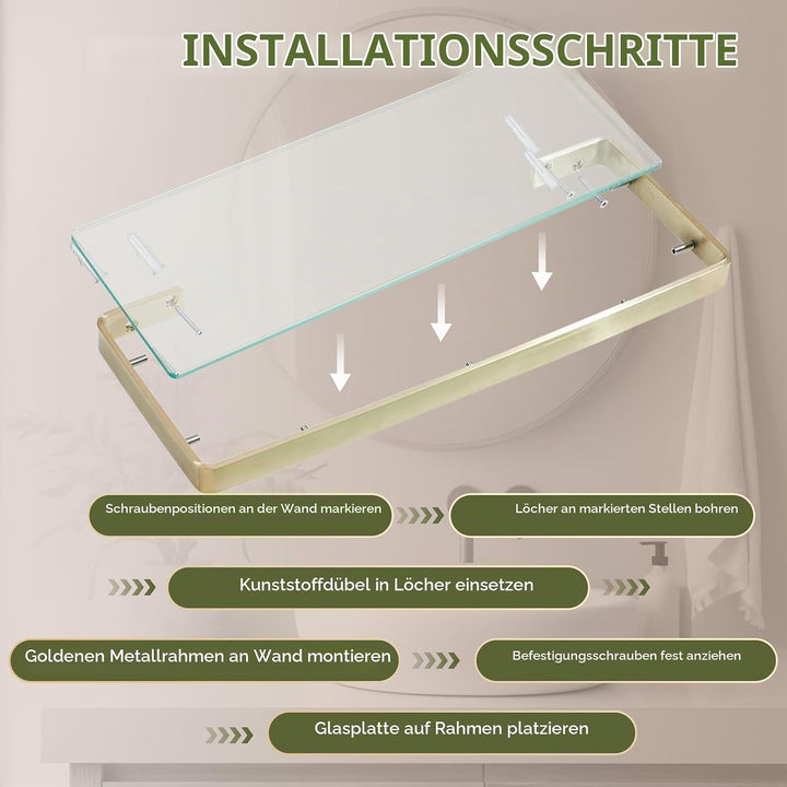 Glasablage mit Reling aus Gebürstetes Gold, Wandablage für das Badezimmer aus Glas und Edelstahl, 45