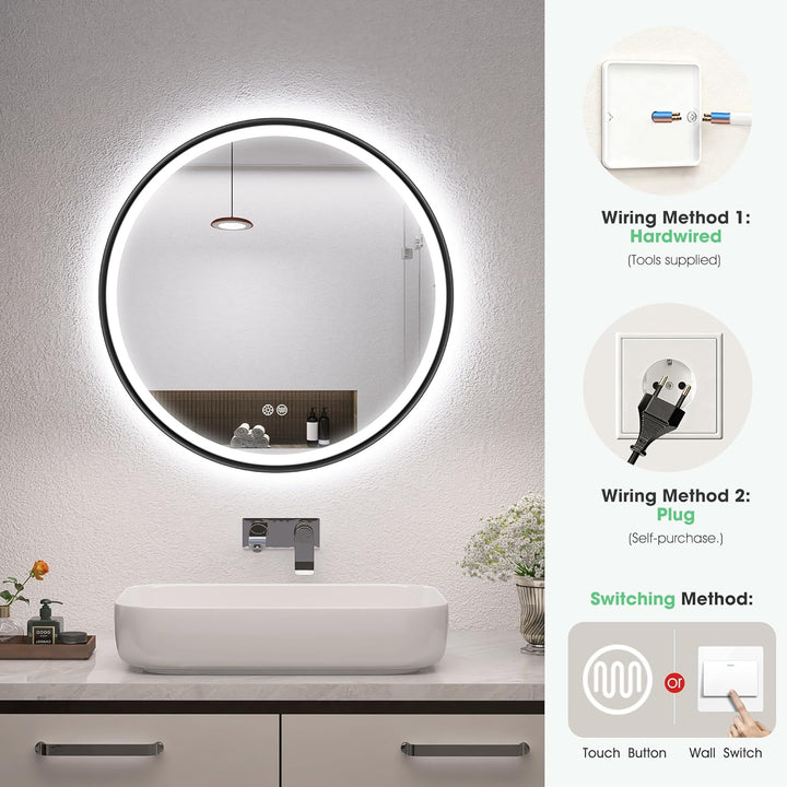 S'bagno Badspiegel mit Beleuchtung 60cm, Spiegel Rund mit Beleuchtung mit Aluminiumrahmen, Entfoggen