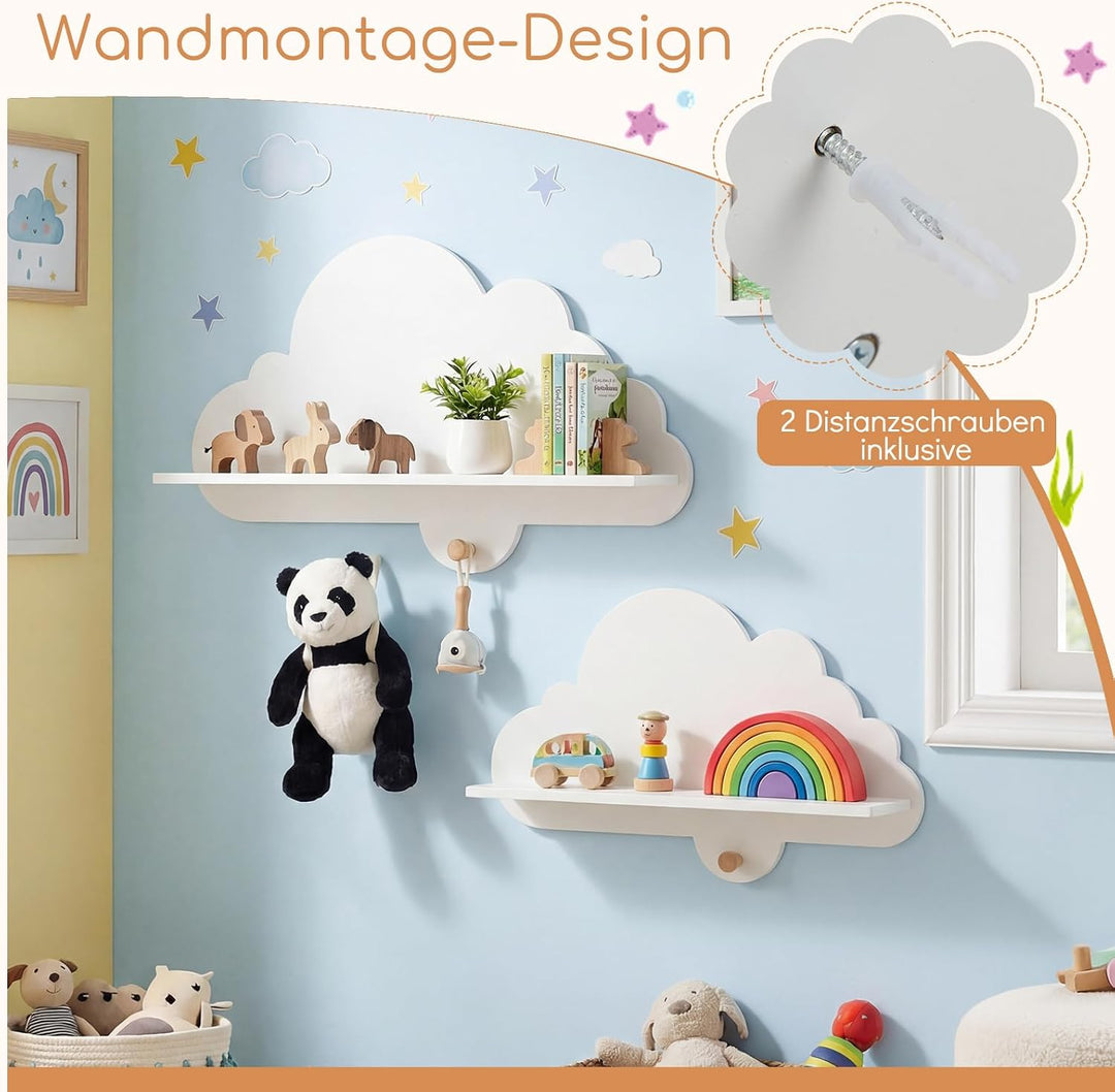 COSTWAY 2er Set Wandregal Kinder, Schweberegal im Wolkenform aus Massivholz, wandmontiertes Kinderre