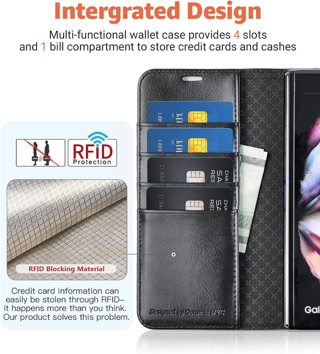 OCASE Hülle Samsung Galaxy Z Fold 3 5G Handyhülle mit S Pen Halter [Premium PU Leder] [Kartenfach] C